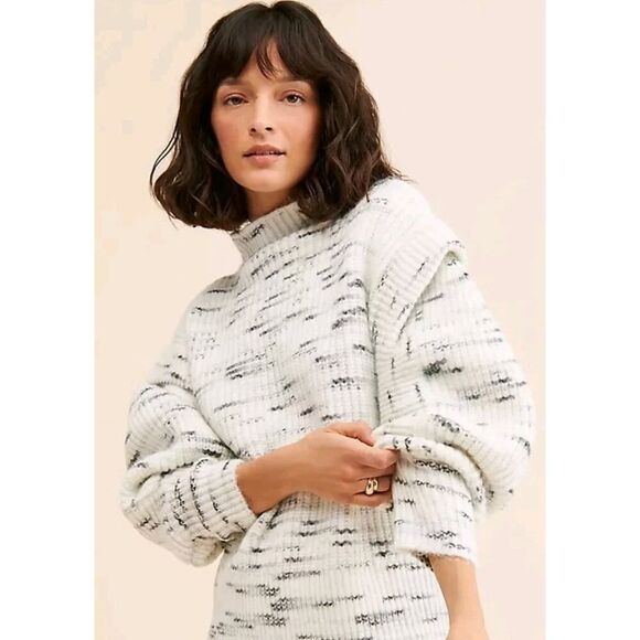Varley $158 Black/White Belgrave Knit Sweater Funnel Neck Dramatic Sleeve Small - Picture 1 of 14